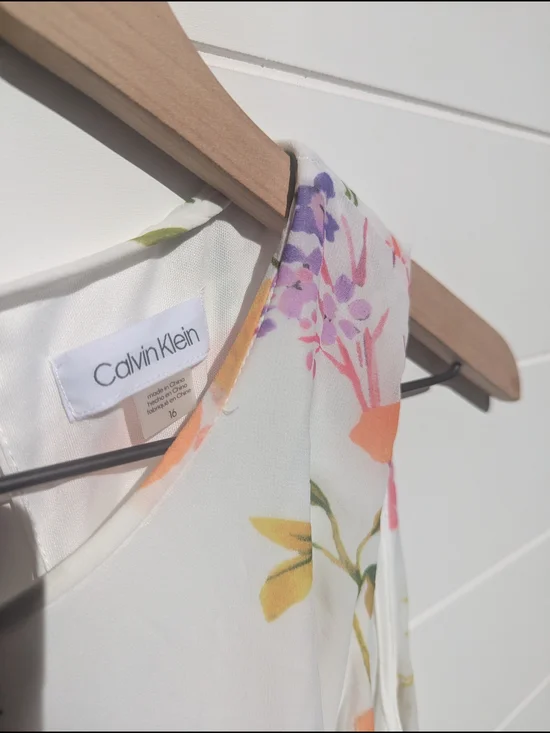 Calvin Klein White Floral Sleeveless Dress with Pink, Purple & Peach Accents - Picture 2 of 4